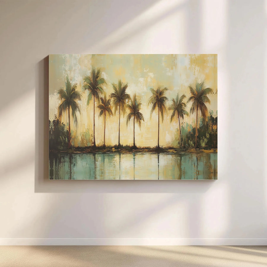 Tropical Palm Trees Canvas Wall Art | Vintage Coastal Seascape Painting | Premium Gallery Wrapped Print | Living Room Beach House Decor