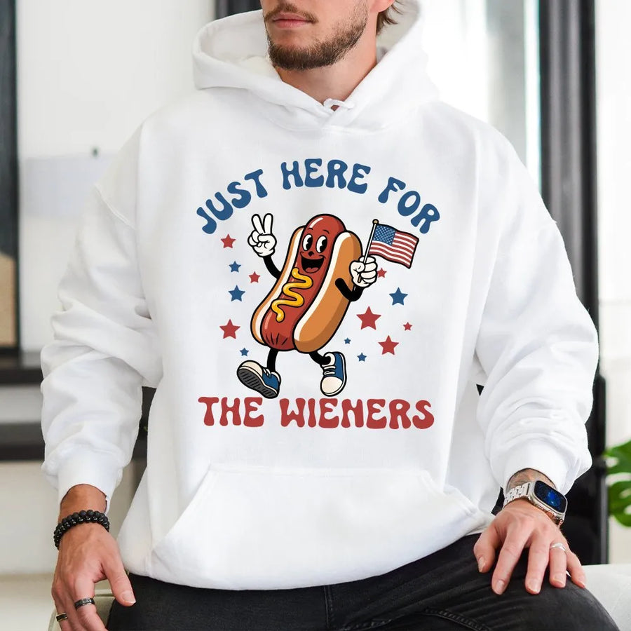 Funny 4th of July Hoodie | Just Here For The Wieners Slogan | Premium Soft Cotton Blend | Patriotic BBQ Party Gift for Men & Women
