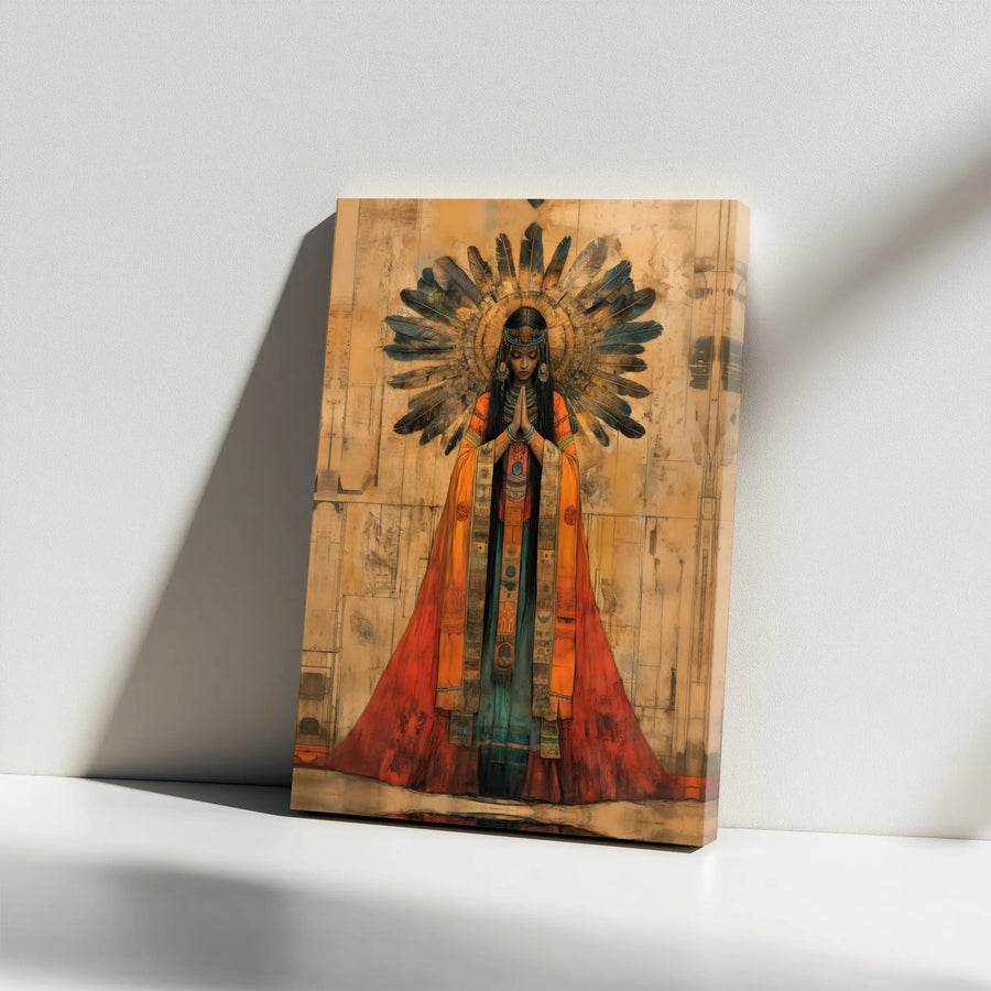 Native American Woman Canvas Wall Art | Spiritual Feather Headdress Portrait | Gallery Wrap Premium Print | Boho Home Decor Gift