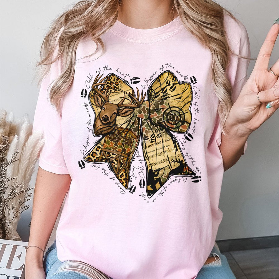 Hunting Coquette Bow T-Shirt | Camo Deer Wildlife Graphic | 100% Cotton Premium Tee | Outdoorsy Gift For Women And Hunters