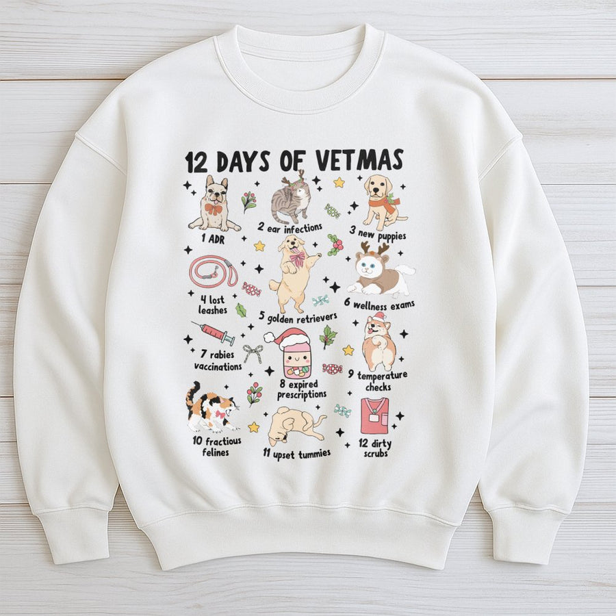 12 Days Of Vetmas Sweatshirt | Funny Veterinary Clinic Graphic | Premium Cotton Blend | Gift For Vet Tech And Veterinarian