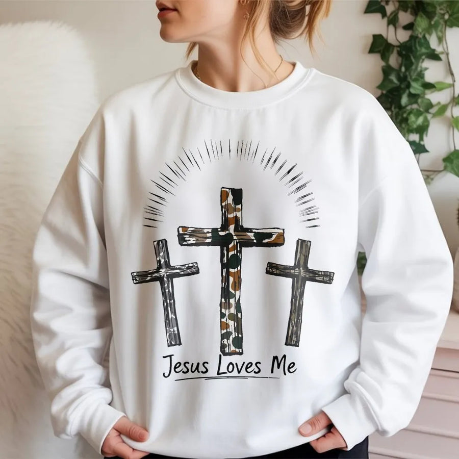 Jesus Loves Me Camo Cross Sweatshirt | Faith Based Religious Hunting Apparel | Soft Cotton Blend Unisex Pullover | Christian Gift For Men And Women