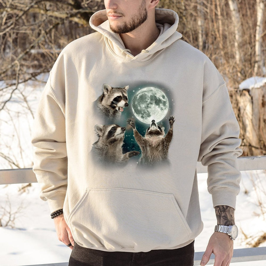 Raccoon Moon Hoodie | Funny Whimsical Night Wildlife Graphic | Cotton Blend Premium Sweatshirt | Unique Animal Lover Gift For Men Women