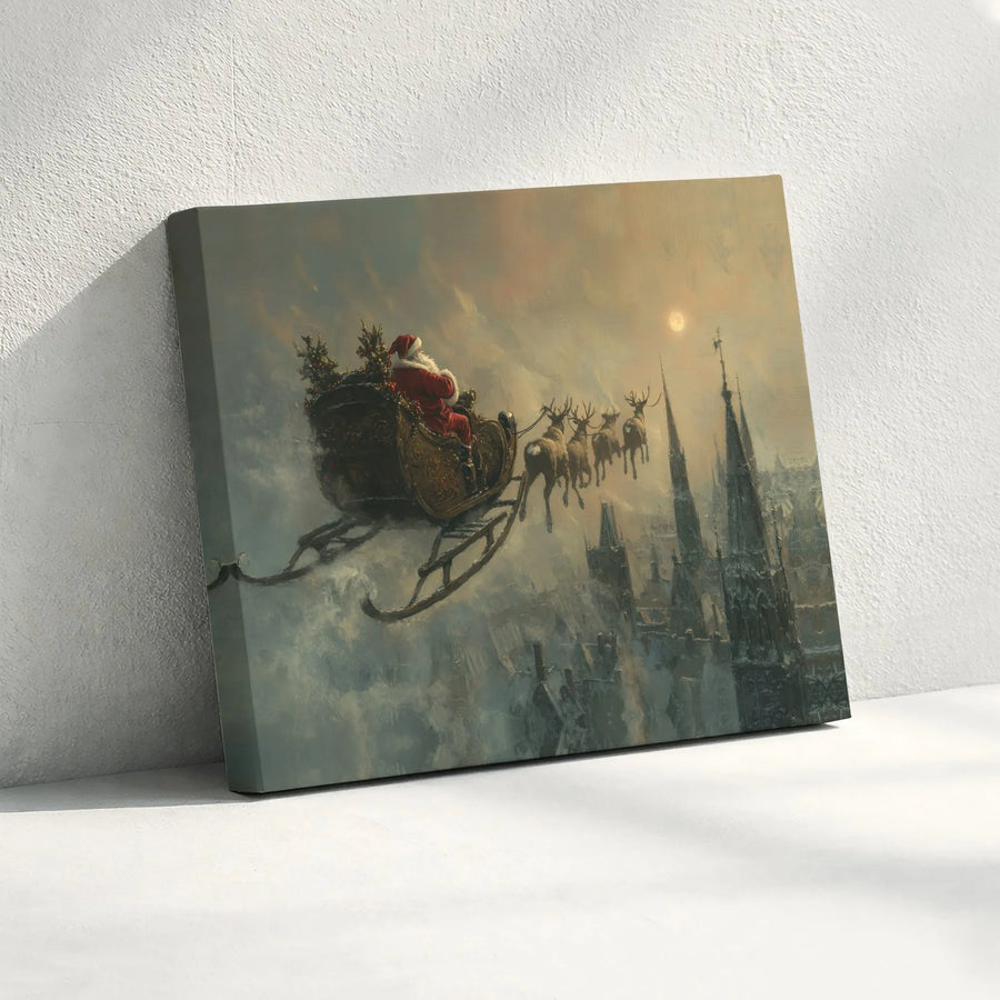 Santa Claus Sleigh Canvas Print | Vintage Winter Cityscape Art | Gallery Quality 1.25 Inch Profile | Festive Holiday Home Decor Gift
