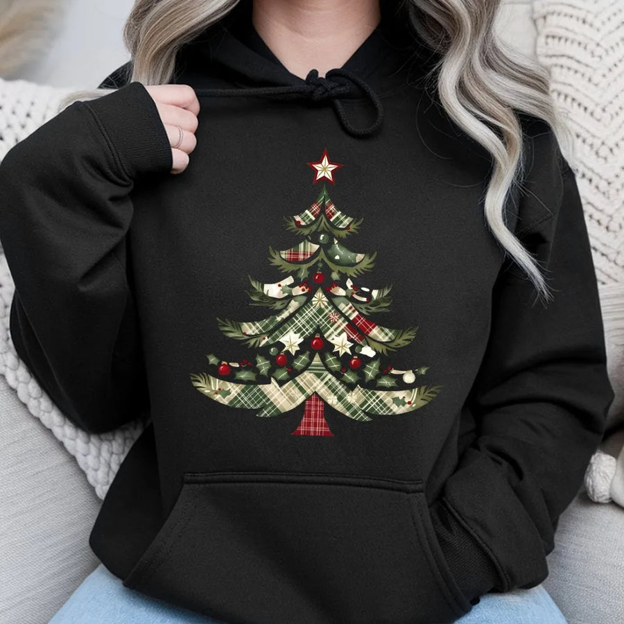 Christmas Tree Hoodie | Vintage Plaid Holiday Graphic | Premium Cotton Blend | Cozy Festive Gift for Women and Men