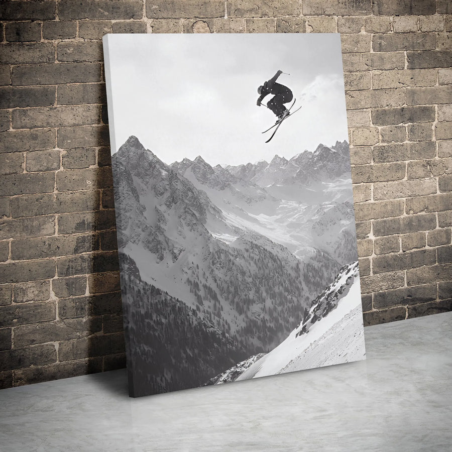 Skiing Wall Art Canvas | Black and White Extreme Sports Action | Gallery Wrapped Premium Decor | Gift for Skier and Mountain Lover