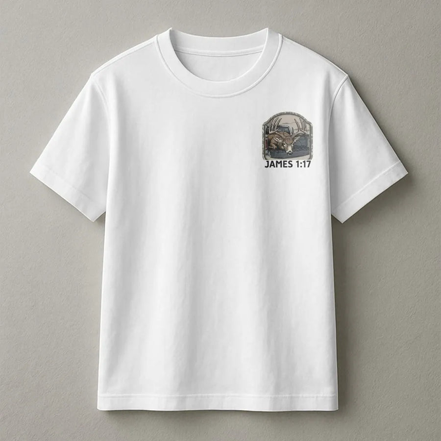 Christian Deer Hunting T-Shirt | James 1:17 Bible Verse Graphic | Soft Cotton Blend Sweatshirt | Faith Based Gift for Hunter