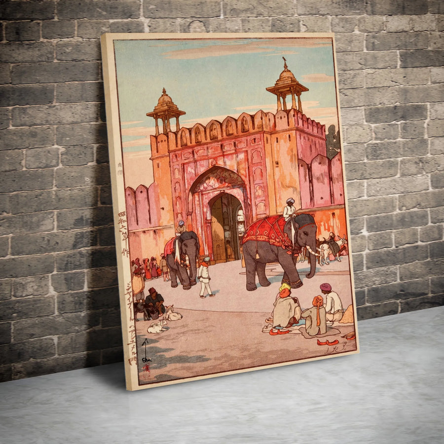 Vintage Indian Palace Canvas Print | Ukiyo-e Style Elephant Procession Wall Art | Premium Thick Gallery Canvas | Collector's Asian Home Decor Gift