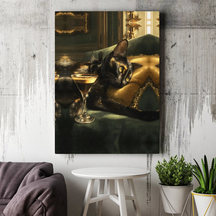 Dark Academia Cat Canvas Art | Renaissance Style Tortoiseshell with Espresso Martini | Premium Framed Wall Decor | Unique Gift for Cat Lover & Bar Cart