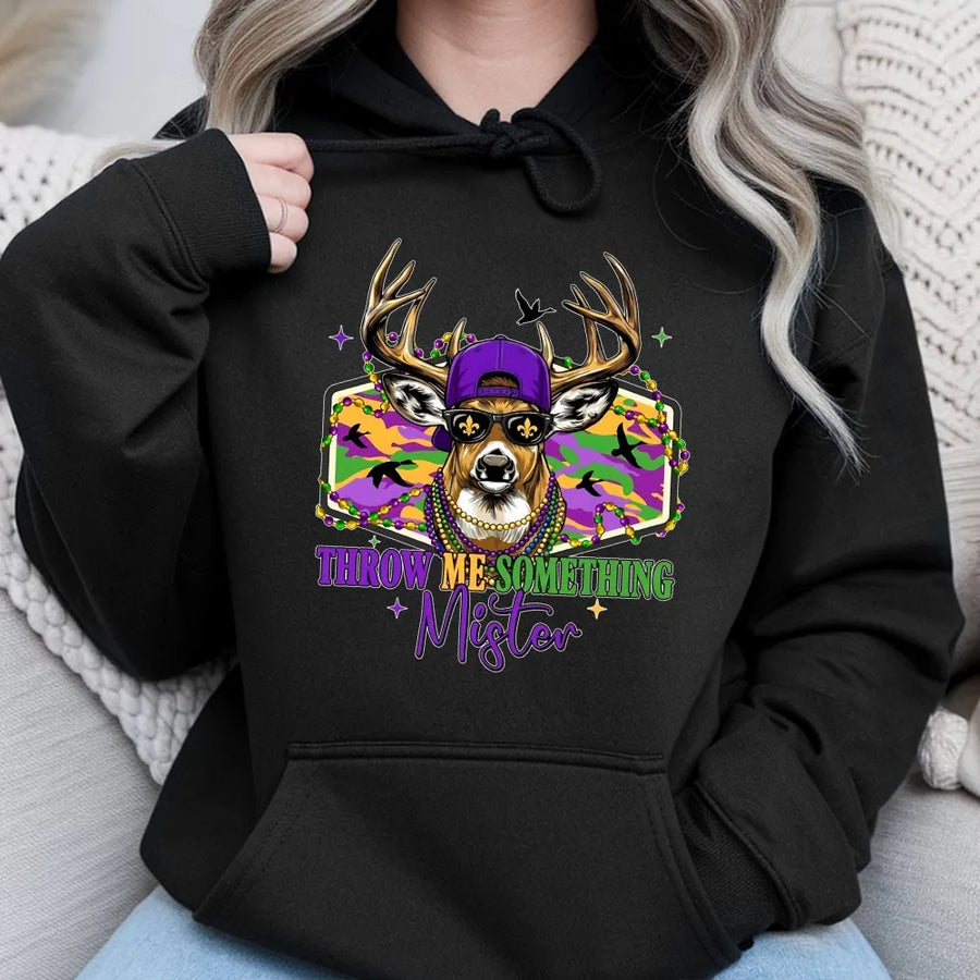 Mardi Gras Deer Hoodie | Throw Me Something Mister Graphic | Cotton-Poly Blend Premium Apparel | Funny New Orleans Hunting Gift