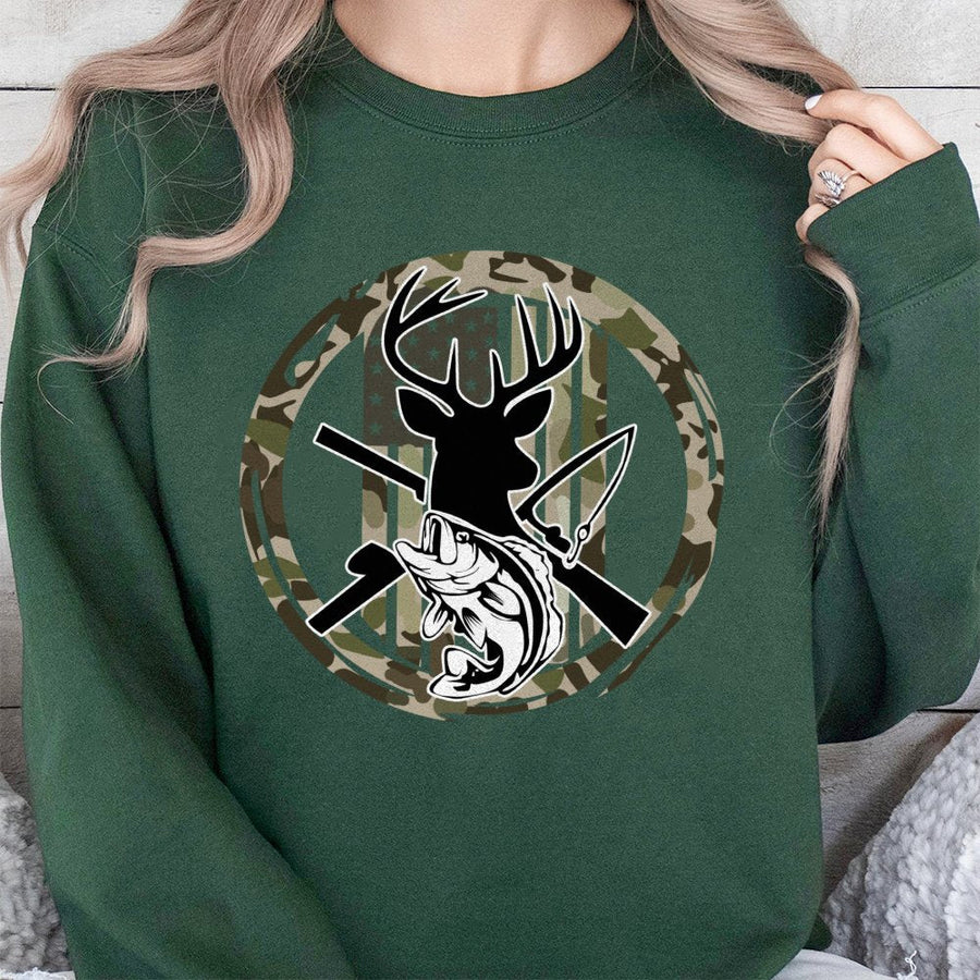 Hunting Fishing American Flag Sweatshirt | Deer Antler Camo Graphic | Premium Cotton Blend | Gift For Outdoorsmen And Hunters