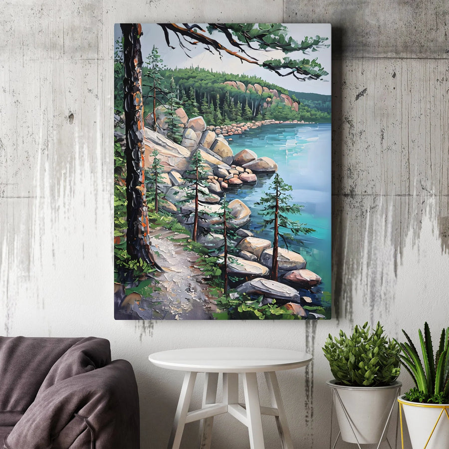 Rocky Lake Landscape Canvas Art | Impasto Pine Forest Wall Decor | Premium Gallery-Wrapped Print | Nature Lover Gift For Home Office