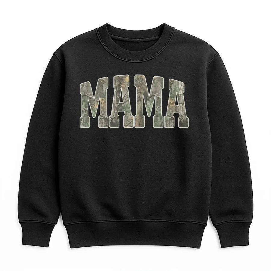 Mama Camo Sweatshirt | Hunting Style Woodland Pattern Text | Premium Cotton Blend Crewneck | Outdoorsy Mom Gift