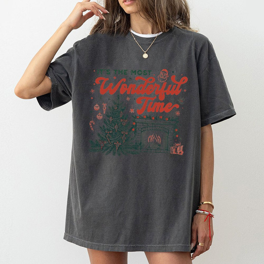 It's The Most Wonderful Time T-Shirt | Vintage Christmas Tree & Fireplace Graphic | Premium 100% Cotton | Festive Holiday Apparel Gift