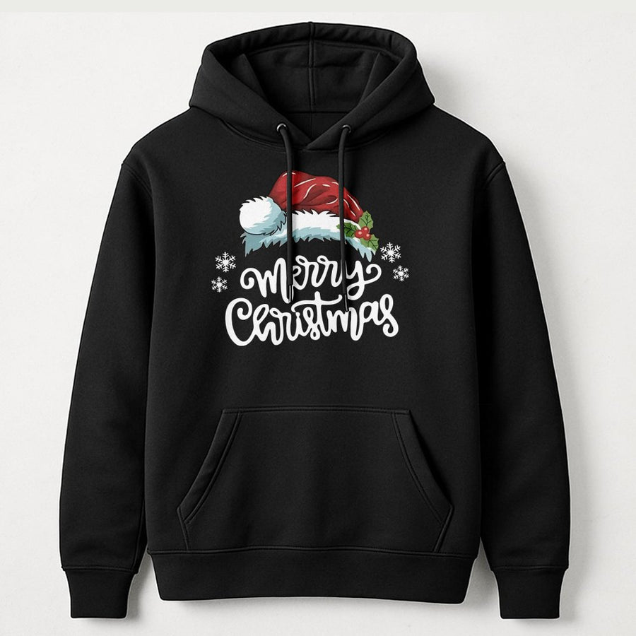 Merry Christmas Hoodie | Santa Hat And Holly Graphic | Premium Cotton Blend | Cozy Holiday Gift For Women And Men