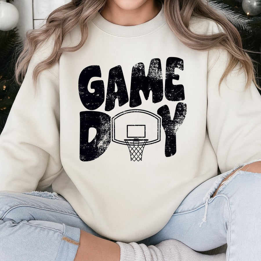 Game Day Basketball Sweatshirt | Distressed Hoop Graphic Design | Premium Cotton Blend Fleece | Basketball Mom Gift and Sport Spirit Apparel