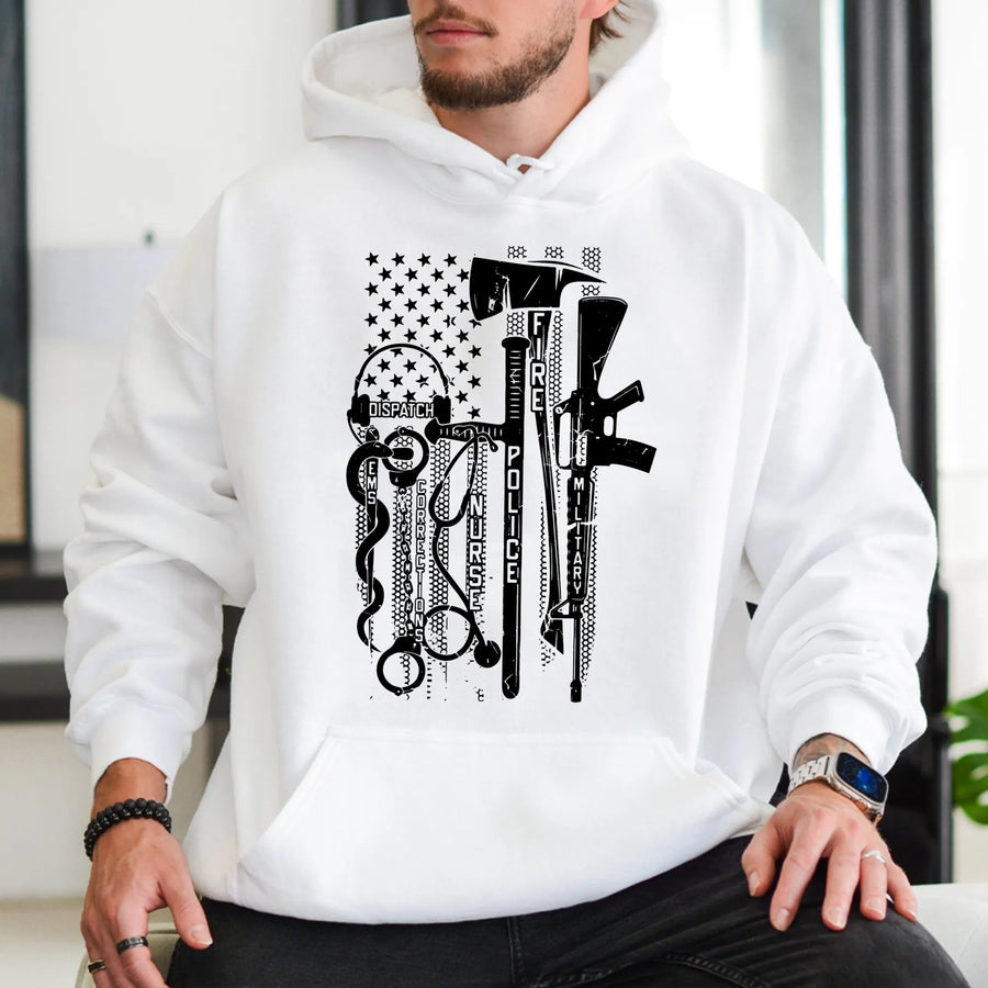 First Responder Hoodie | American Flag Graphic Patriotic Sweatshirt | Cotton Blend Premium Quality | Hero Gift for Police Fire EMS Military