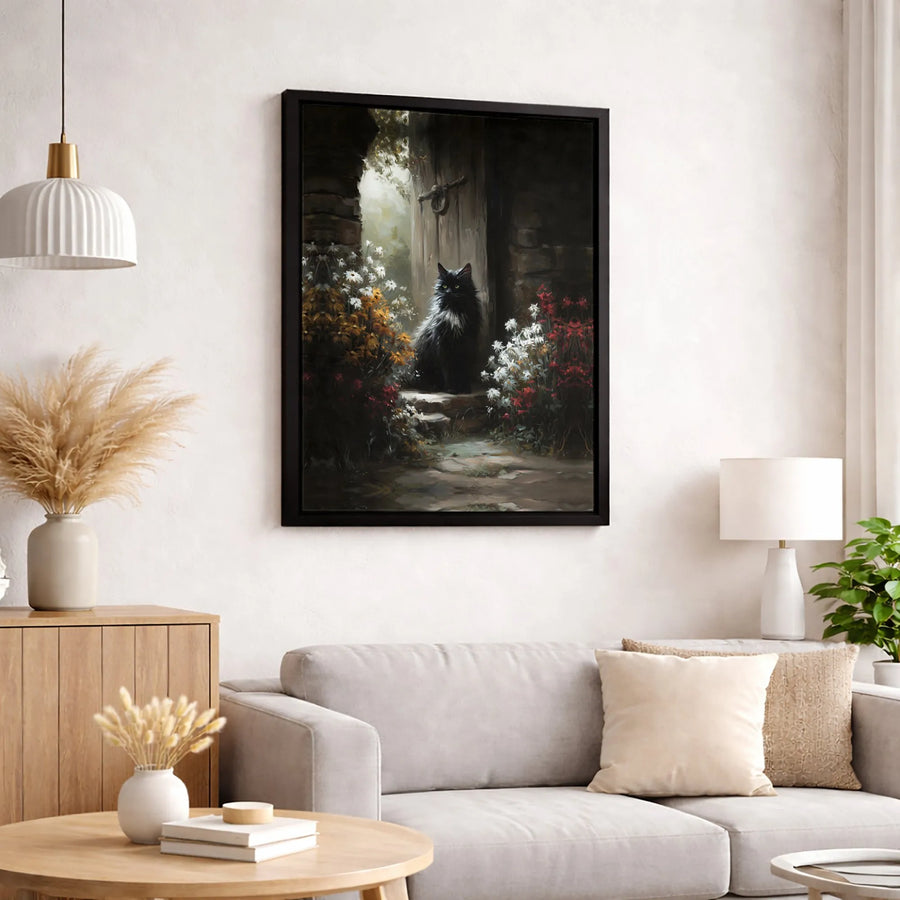 Black Cat Canvas Wall Art | Whimsical Floral Garden Doorway Print | Premium Gallery Wrapped Decor | Gift for Cat Lovers & Home Interior