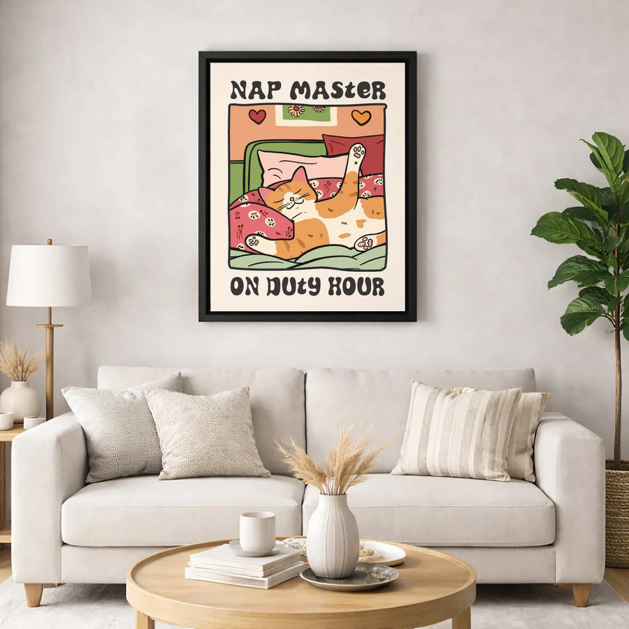 Sleeping Orange Cat Canvas Wall Art | Nap Master Retro Cartoon Decor | Premium Gallery Wrap Print | Funny Bedroom Gift For Cat Lovers