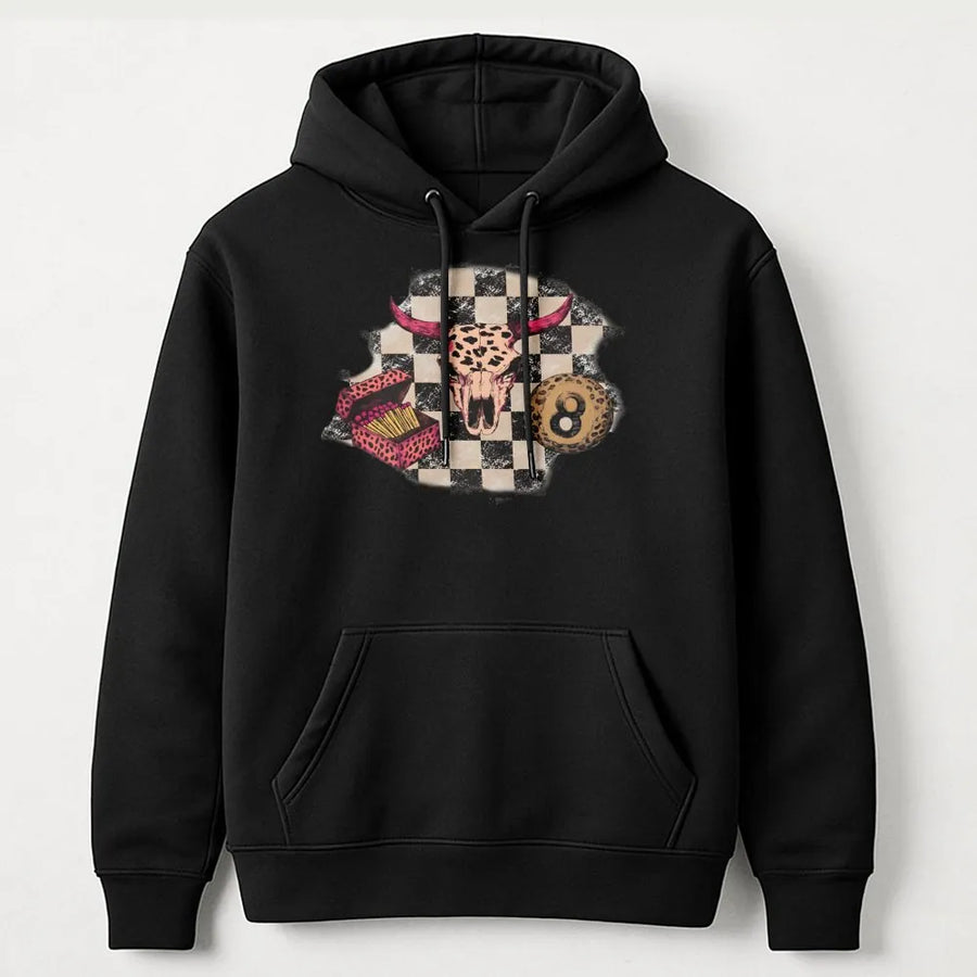 Western Bull Skull Hoodie | 8 Ball Checkerboard Graphic | Premium Cotton Blend | Cowgirl Aesthetic Gift for Her
