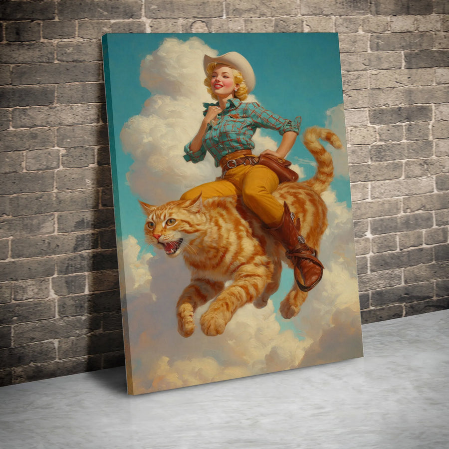 Vintage Cowgirl Riding Cat Canvas Wall Art | Surreal Western Pinup Illustration | Premium Frameless Gallery Canvas | Gift for Western & Cat Lovers