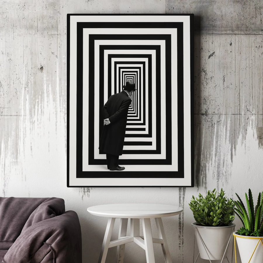 Optical Illusion Canvas Art | Man in Fedora Surreal Tunnel | Gallery Wrap Premium Wall Decor | Modern Minimalist Office Living Room Statement Piece
