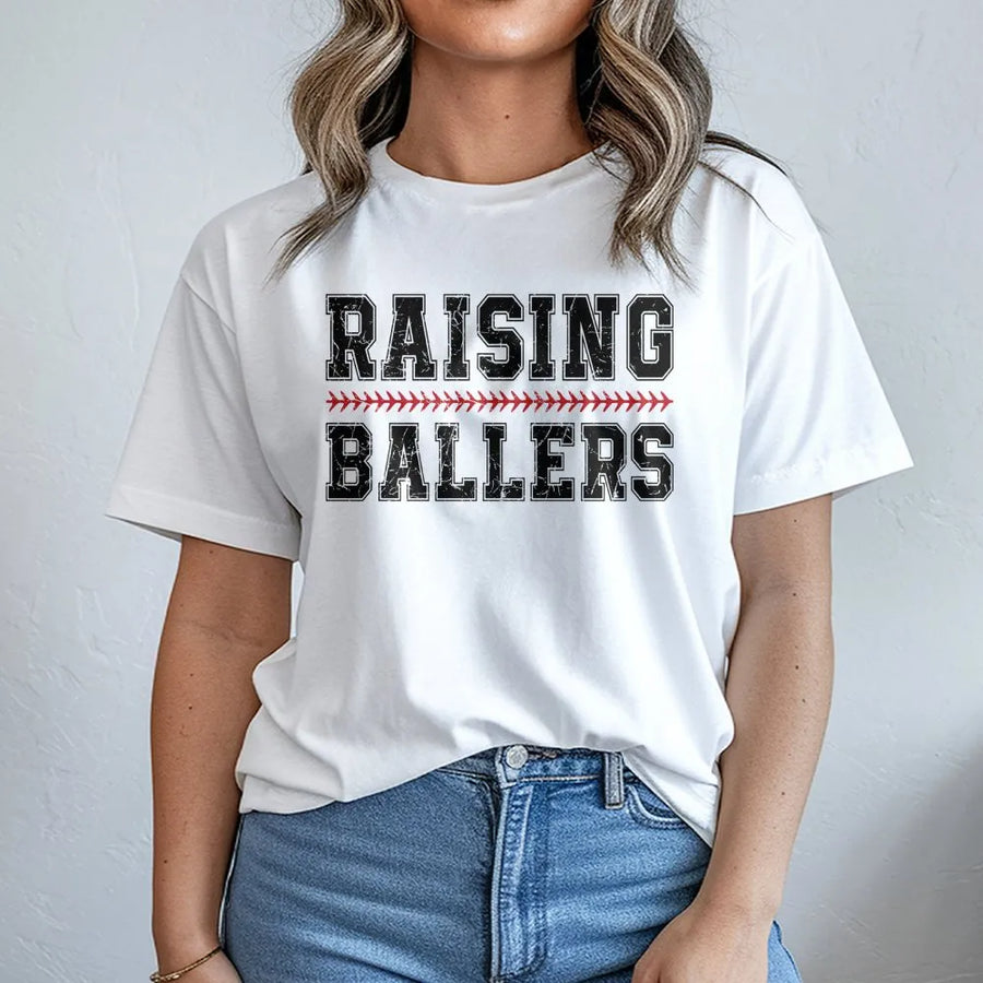 Raising Ballers T-Shirt | Distressed Baseball Stitch Design | Premium Soft Cotton | Baseball Mom Gift for Game Day