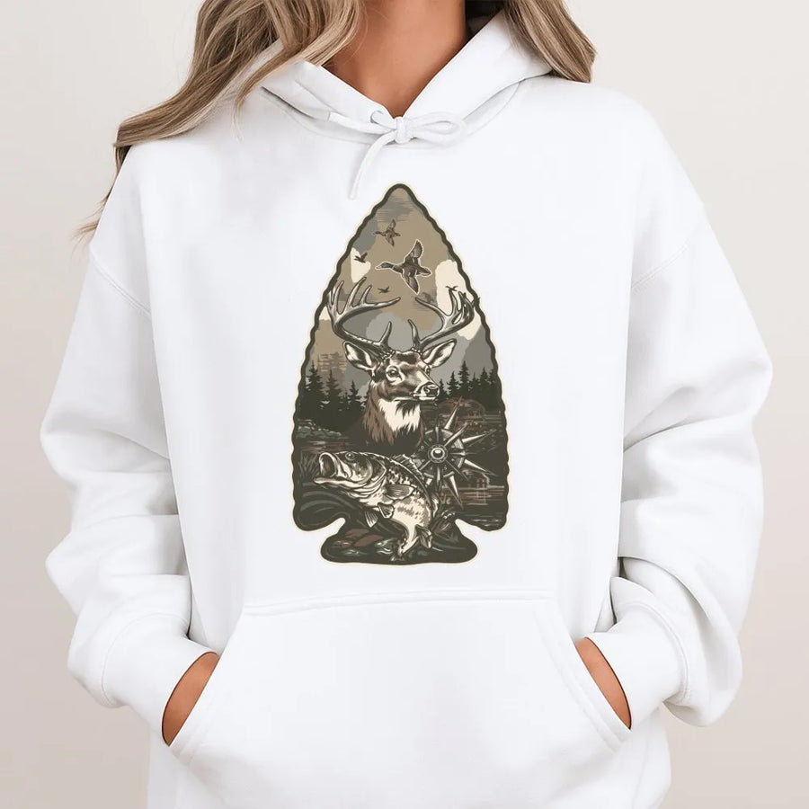 Hunting Hoodie for Men | Arrowhead Wildlife Graphic with Deer, Duck & Fish | Soft Cotton Blend | Gift for Hunter and Outdoorsman