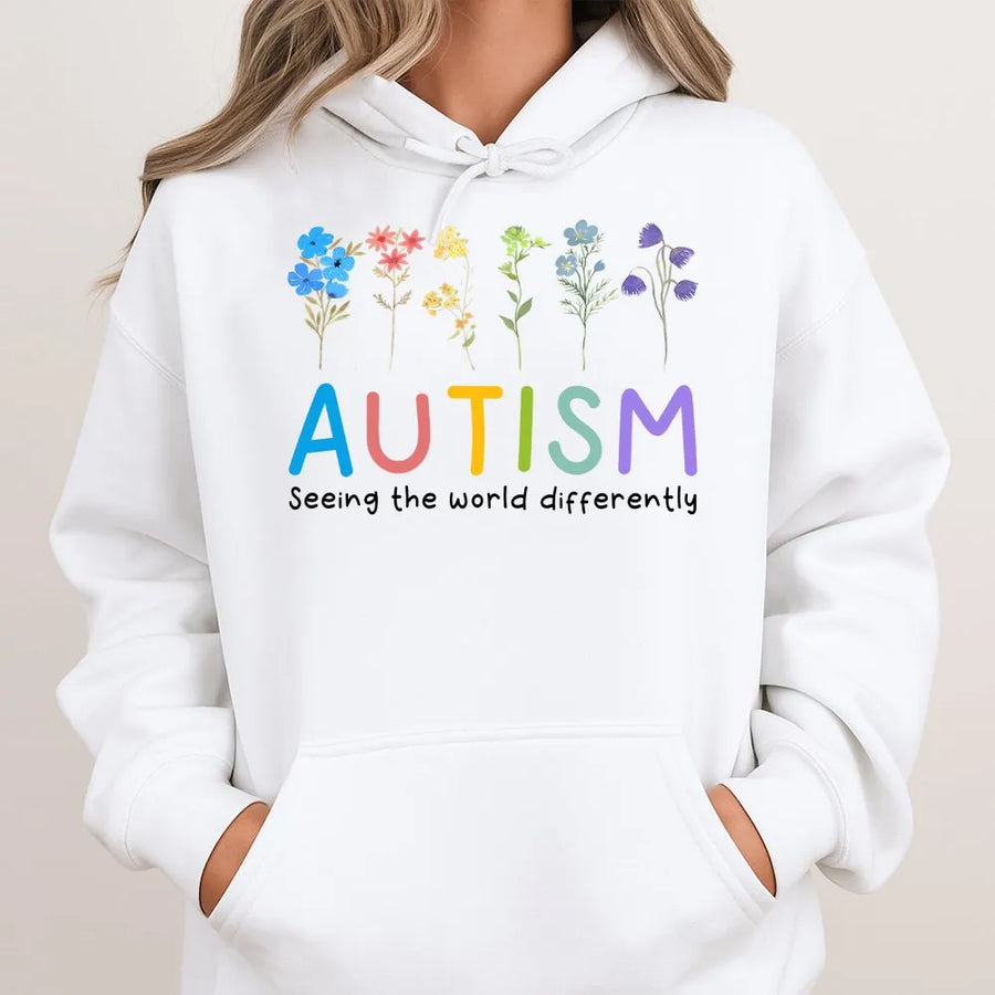 Autism Awareness Hoodie | Seeing The World Differently Floral Graphic | Soft Cotton-Blend Pullover | Neurodiversity Gift For Teachers & Students