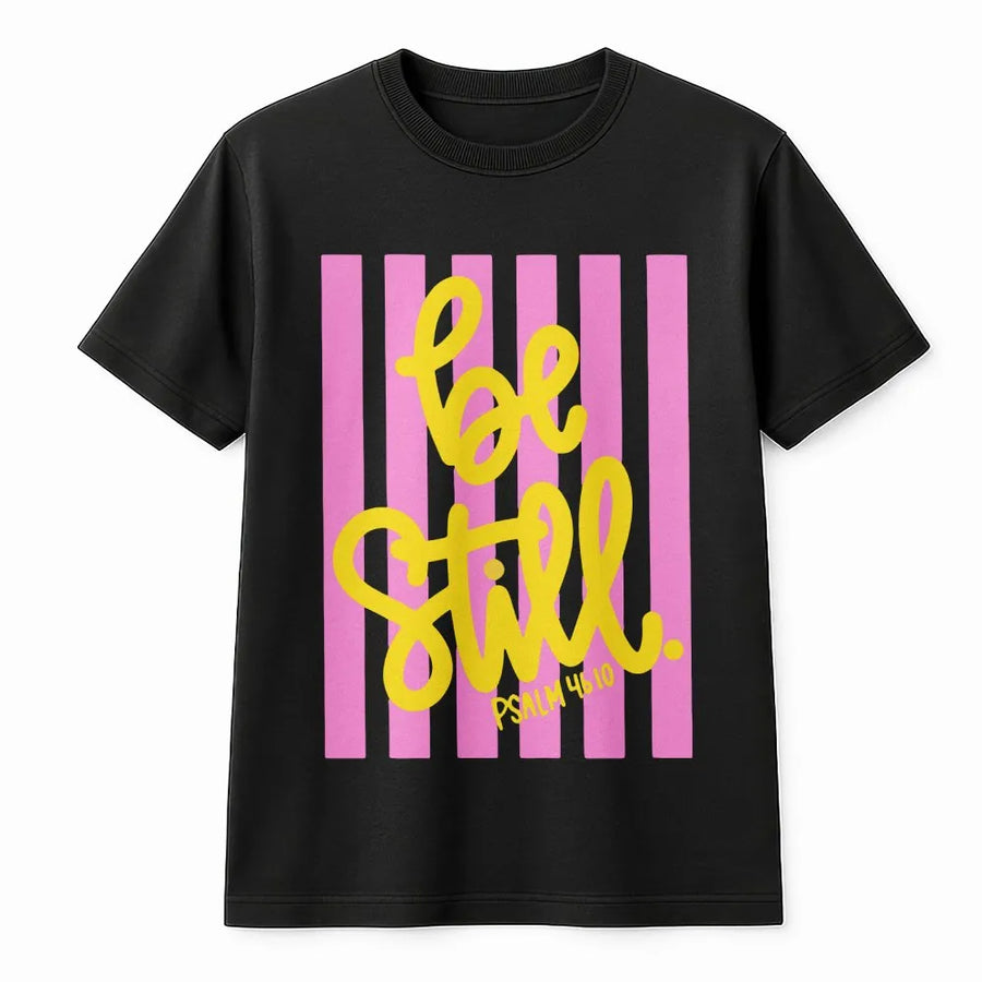Be Still T-Shirt for Women | Coquette Pink Stripe Faith Design | Soft Cotton Religious Apparel | Christian Gift for Her