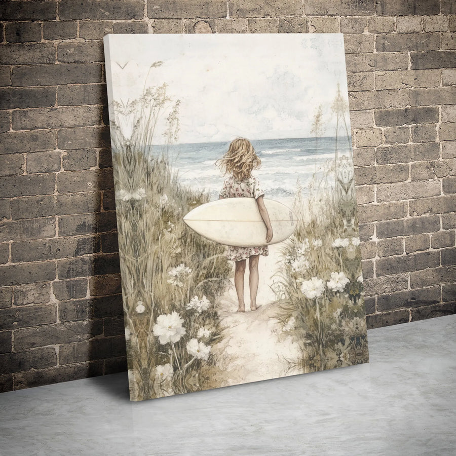Beach Girl With Surfboard Wall Art | Coastal Watercolor Painting | Premium Gallery Wrap Canvas | Serene Ocean Decor Gift for Surfer