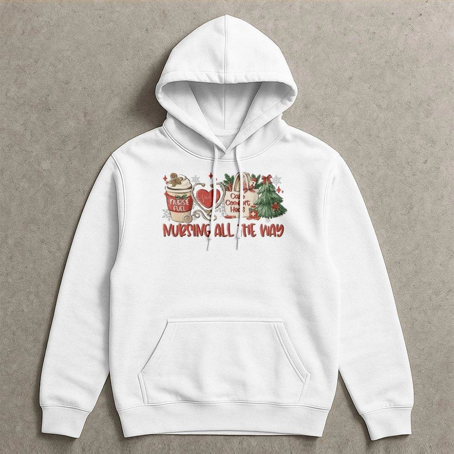 Christmas Nurse Hoodie | Nursing All The Way Festive Graphic | Premium Cotton Blend Unisex Sweatshirt | Gift For RN LPN Nursing Student