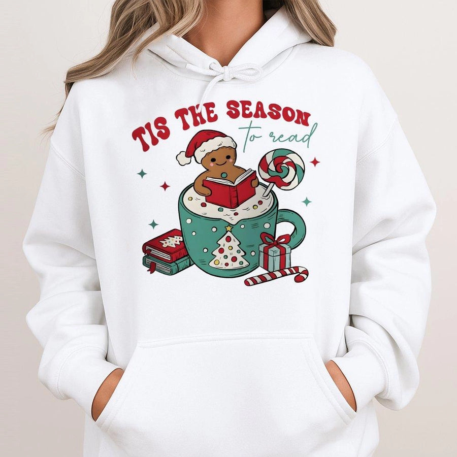 Tis The Season To Read Hoodie | Cute Gingerbread Reading Bookish Graphic | Premium Cotton Blend Sweatshirt | Christmas Gift For Book Lovers