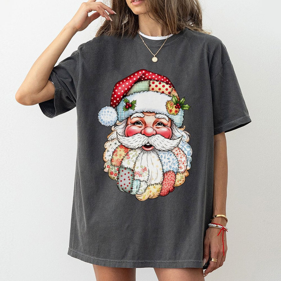 Patchwork Santa Claus T-Shirt | Retro Quilt Pattern Christmas Graphic | 100% Cotton Premium Tee | Festive Holiday Gift for Women and Men