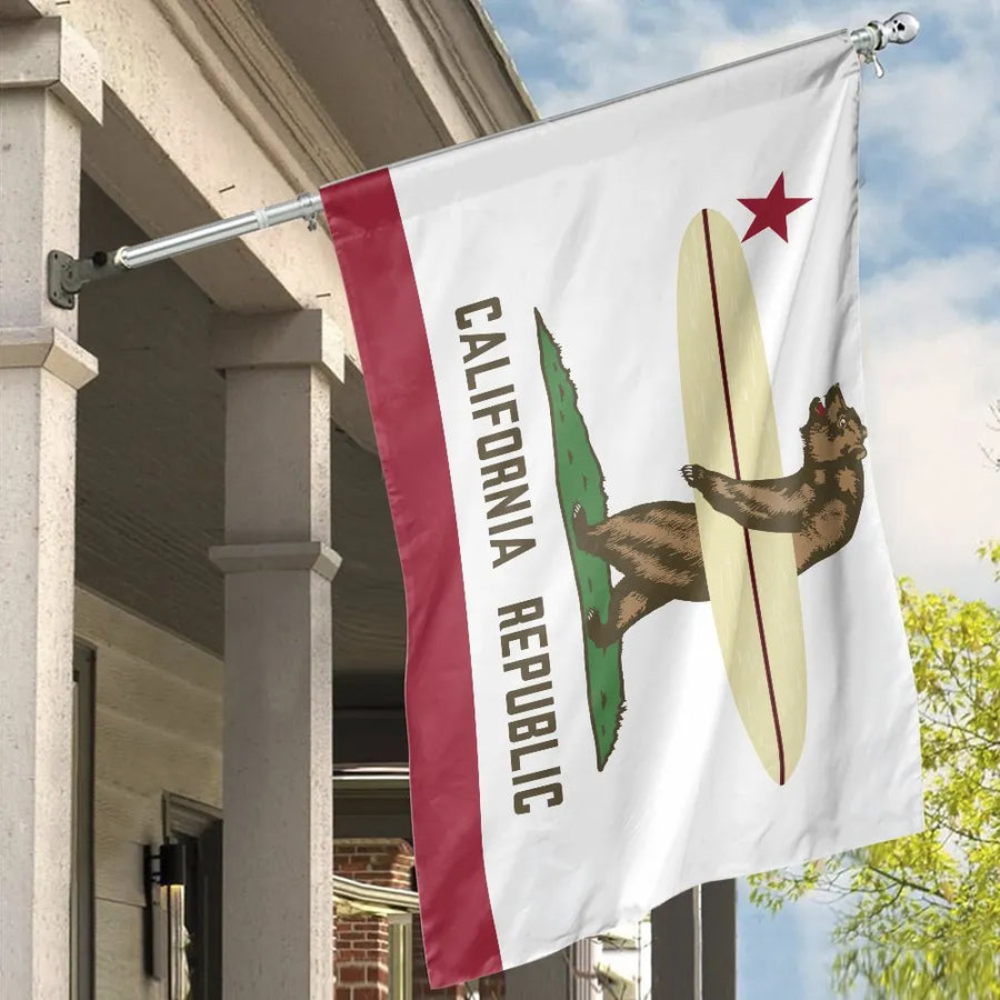 California Surfing Bear House Flag | Funny California Republic Surf Design | Weatherproof Double-Sided Polyester | Outdoor Decor Gift for Surfers