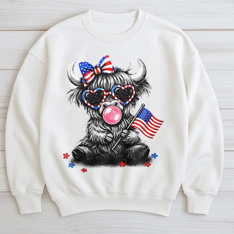 4th of July Highland Cow Sweatshirt | Patriotic American Flag Cowgirl Graphic | Premium Soft Pullover | USA Western Gift for Her