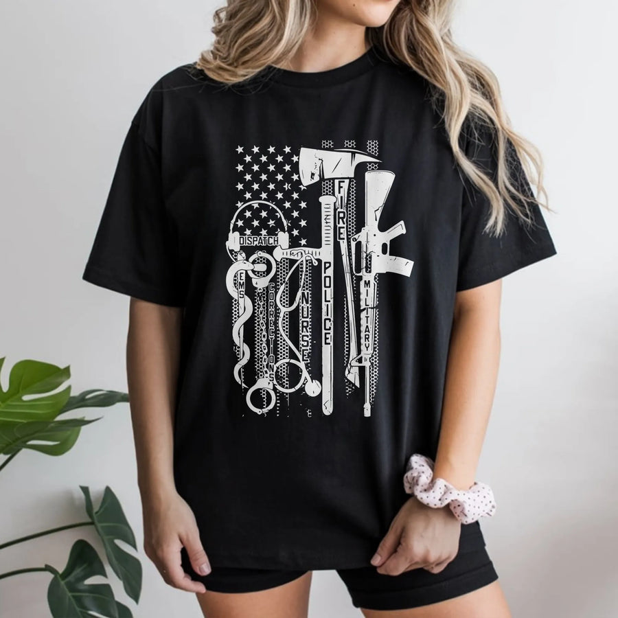 First Responder T-Shirt | American Flag Patriot Graphic | 100% Cotton Premium Tee | Gift for Police Fire EMS Dispatch Corrections Military