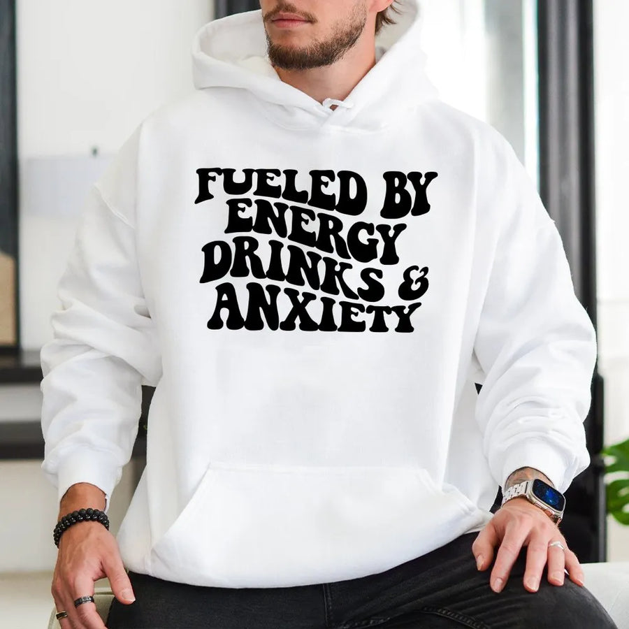 Fueled By Energy Drinks And Anxiety Hoodie | Retro Wavy Font Typography | Premium Cotton Blend | Funny Relatable Gift For Students And Gamers
