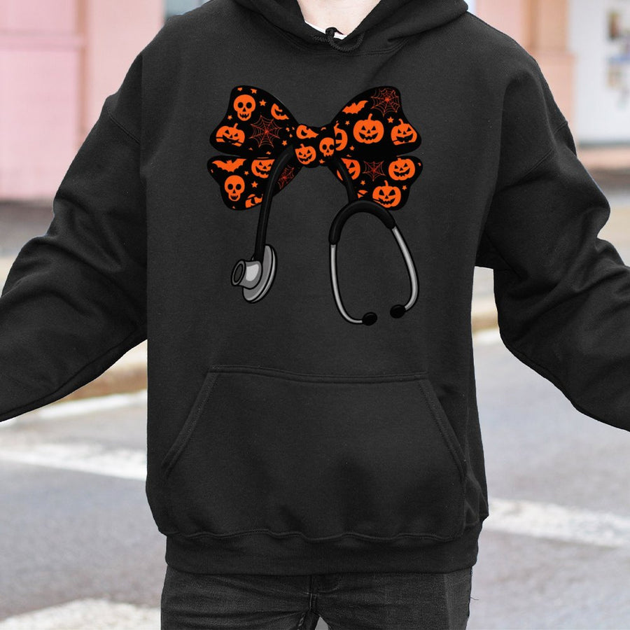 Nurse Halloween Hoodie | Stethoscope With Spooky Coquette Bow Graphic | Premium Cotton Blend | Gift For Nurses, CNA, Nursing Students