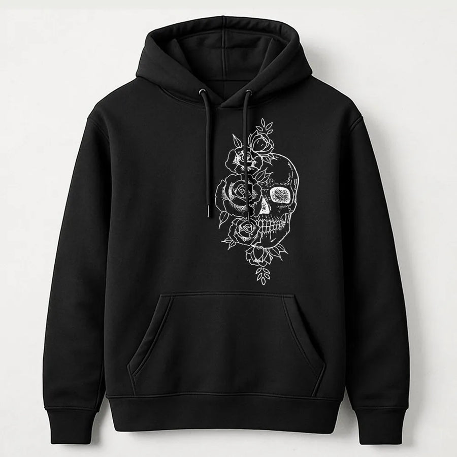 Skull and Roses Hoodie | Gothic Floral Line Art Graphic | Premium Cotton Blend Streetwear | Unisex Aesthetic Gift for Alternative Style Lovers