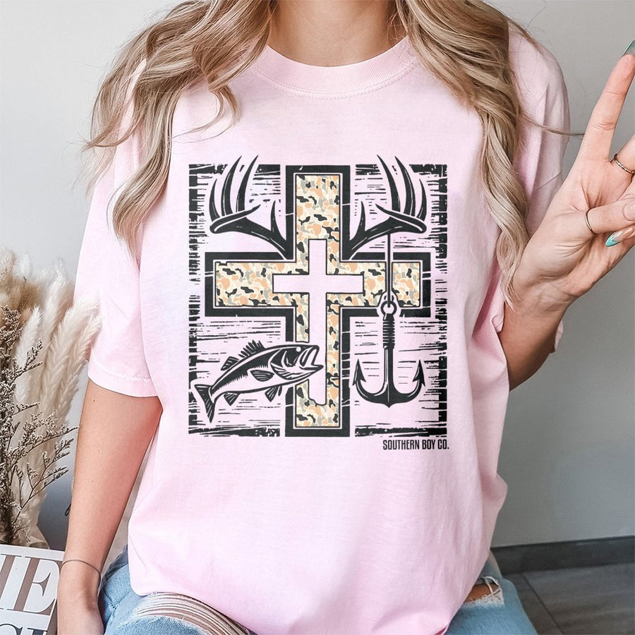 Fishing Hunting Cross T-Shirt | Camo Antler Fish Hook Graphic | 100% Cotton Premium Tee | Christian Outdoorsman Gift For Men And Women