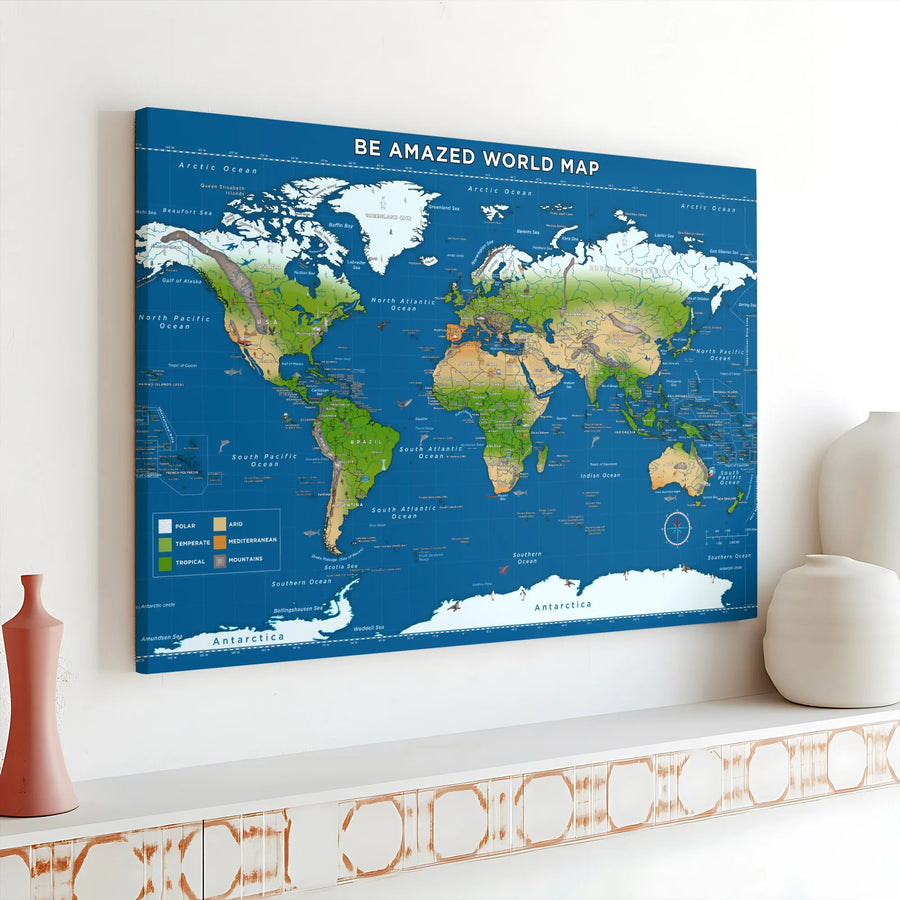 World Map Wall Art Canvas | Educational Climate Zones Geography Decor | Premium Gallery Wrap Print | Office or Classroom Wall Decor Gift