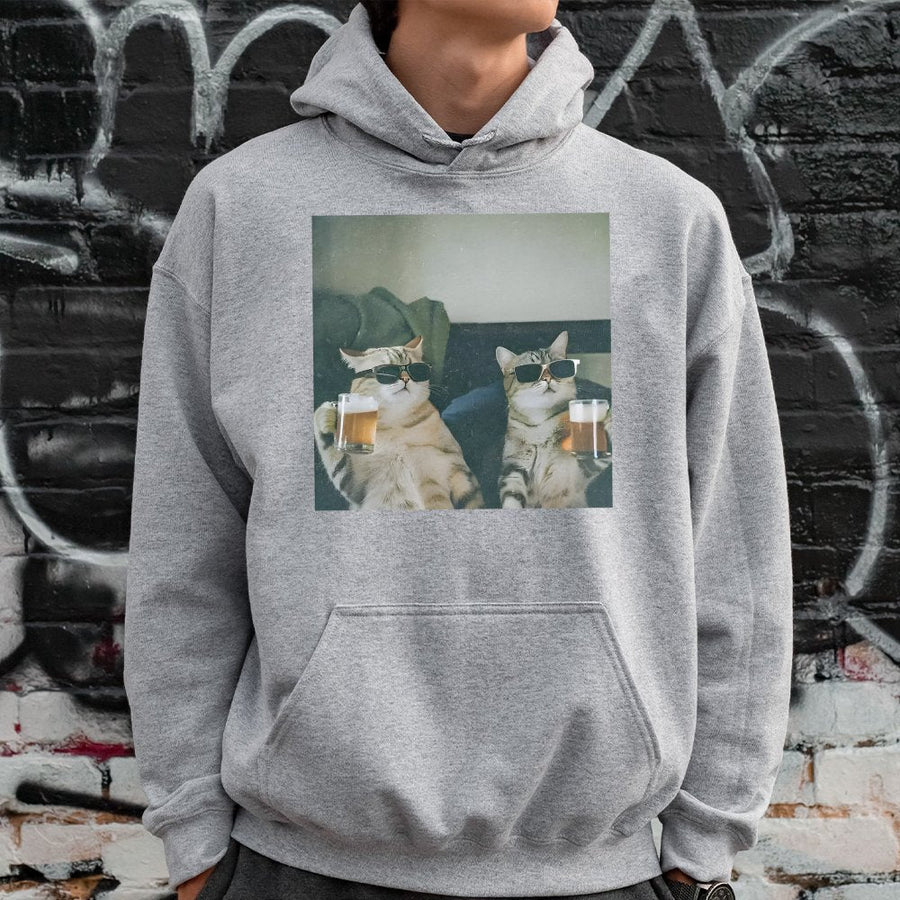 Funny Cat Hoodie | Drinking Cats with Sunglasses Graphic | Premium Cotton Blend | Gift for Cat Lovers and Beer Drinkers Unisex Pullover