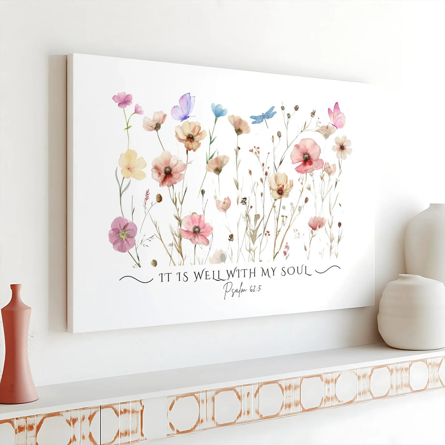 Psalm 62:5 Christian Wall Art | Watercolor Wildflower 'It Is Well With My Soul' Print | Premium Gallery Canvas | Religious Home Decor & Inspirational Gift