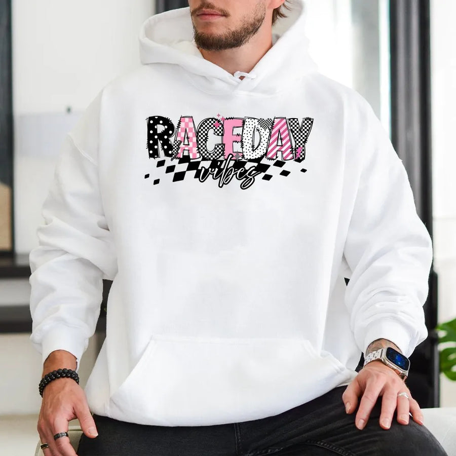 Race Day Vibes Hoodie | Checkered Flag Motorsport Graphic | Soft Crewneck Pullover | Gift for Racing Girl and Race Mom