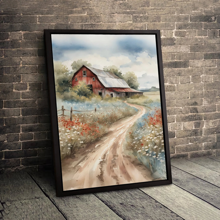 Red Barn Wall Art | Watercolor Farmhouse Country Landscape | Premium Gallery Wrapped Canvas | Rustic Farm Decor Gift for Home