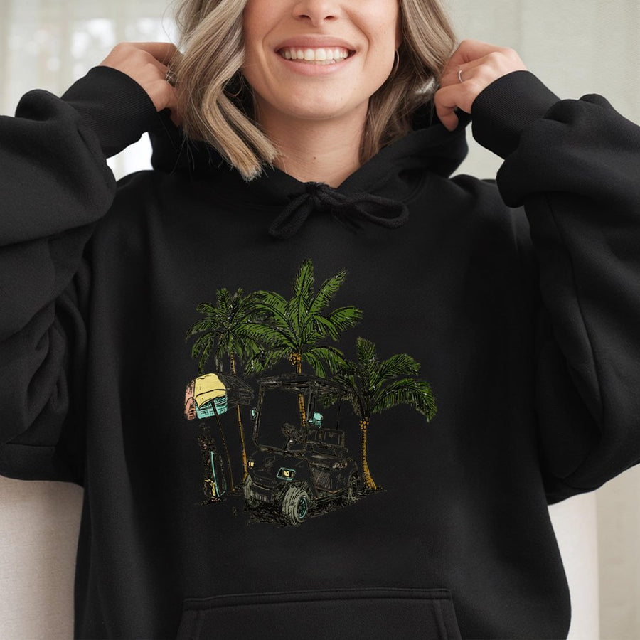 Tropical Golf Hoodie | Palm Tree Cart Graphic Print | Premium Cotton Blend | Gift For Golfers And Beach Lovers