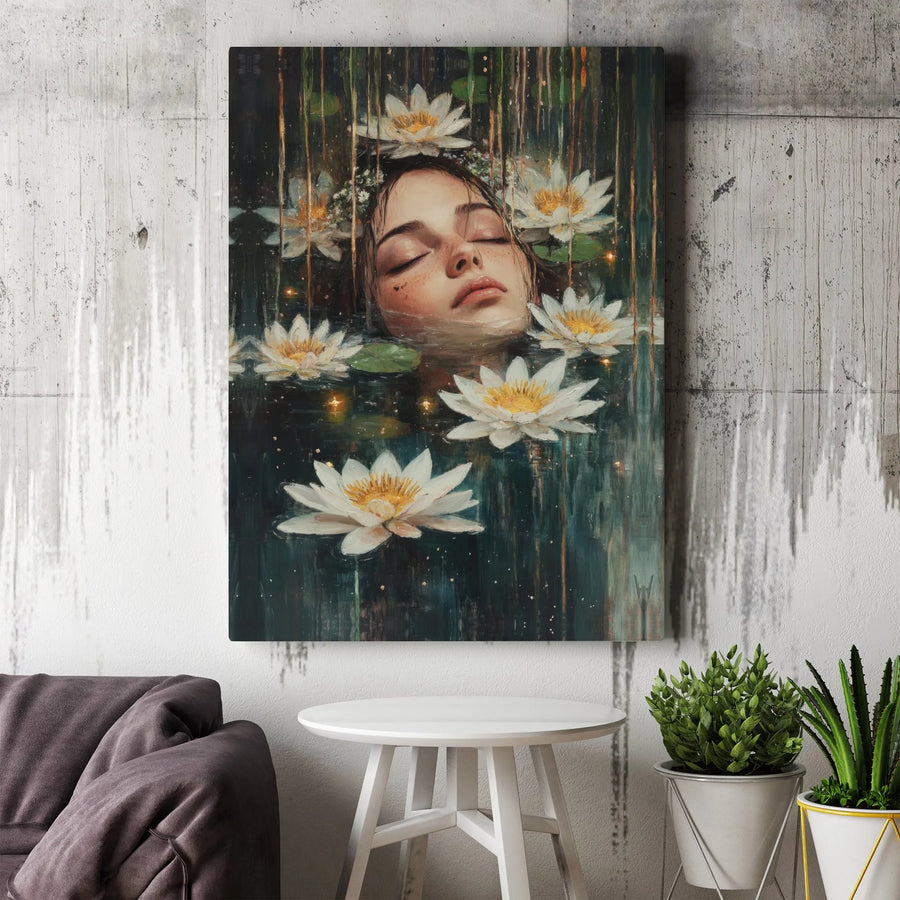 Floating Woman Wall Art | Serene Water Lily Pond Painting | Premium Gallery Wrapped Canvas | Calming Botanical Bedroom Decor Gift
