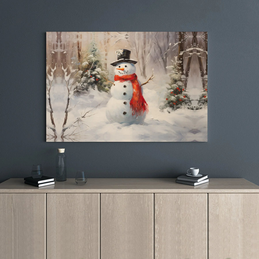 Snowman Wall Art | Winter Forest Painting in Red Scarf | Premium Gallery Wrap Canvas | Holiday Home Decor Gift for Christmas