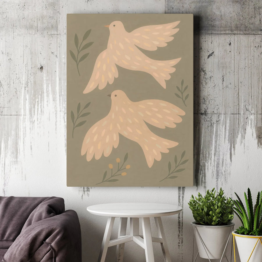 Boho Bird Wall Art | Flying Doves Botanical Print | 1.25-Inch Premium Gallery Canvas | Peaceful Living Room Decor